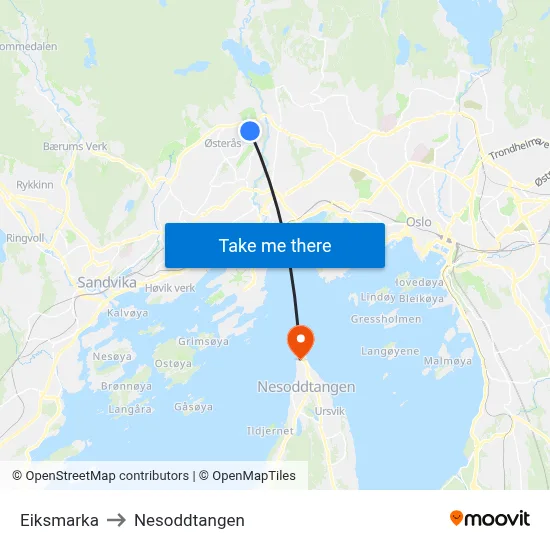 Eiksmarka to Nesoddtangen map
