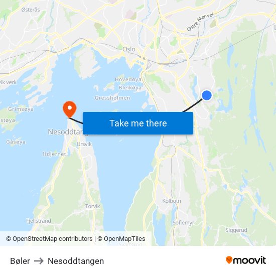 Bøler to Nesoddtangen map