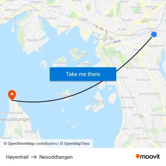 Høyenhall to Nesoddtangen map
