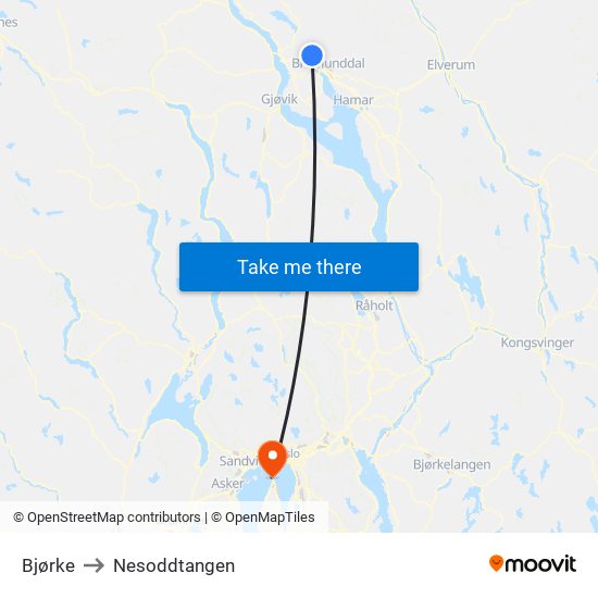 Bjørke to Nesoddtangen map