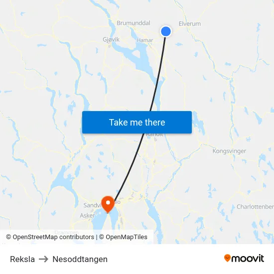 Reksla to Nesoddtangen map