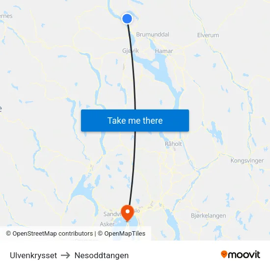 Ulvenkrysset to Nesoddtangen map