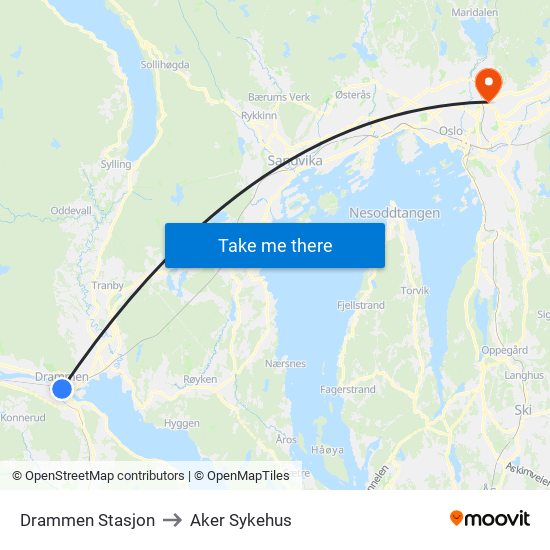 Drammen Stasjon to Aker Sykehus map