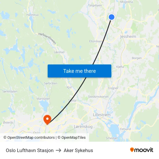 Oslo Lufthavn Stasjon to Aker Sykehus map