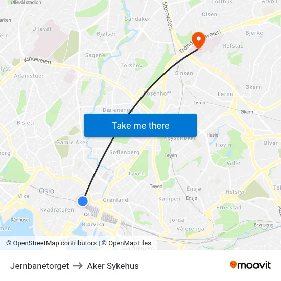 Jernbanetorget to Aker Sykehus map