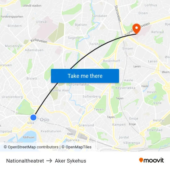 Nationaltheatret to Aker Sykehus map