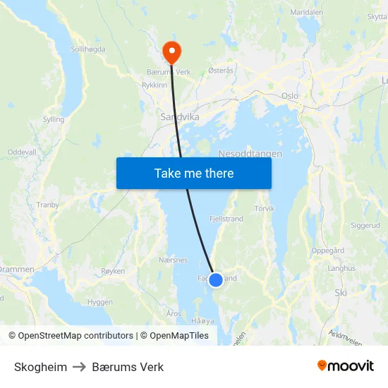 Skogheim to Bærums Verk map