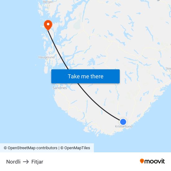 Nordli to Fitjar map