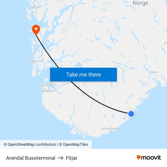 Arendal Bussterminal to Fitjar map