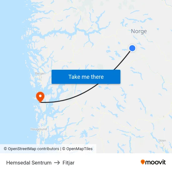 Hemsedal Sentrum to Fitjar map