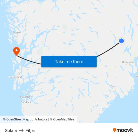 Sokna to Fitjar map