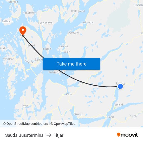 Sauda Bussterminal to Fitjar map