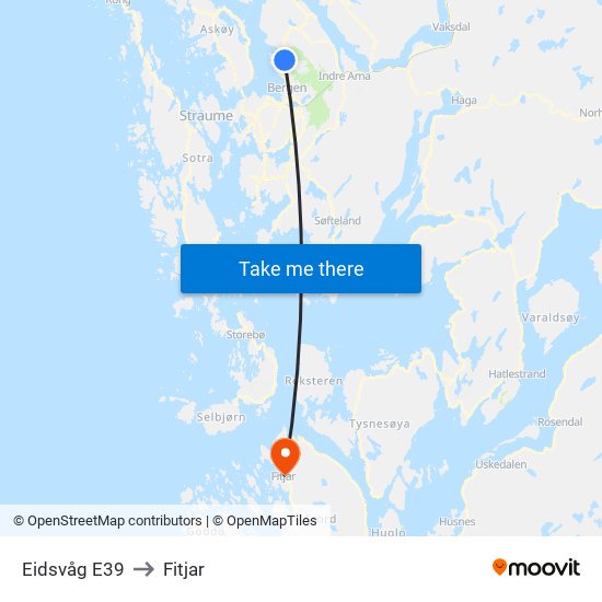 Eidsvåg E39 to Fitjar map