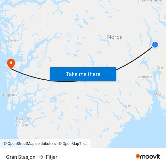 Gran Stasjon to Fitjar map