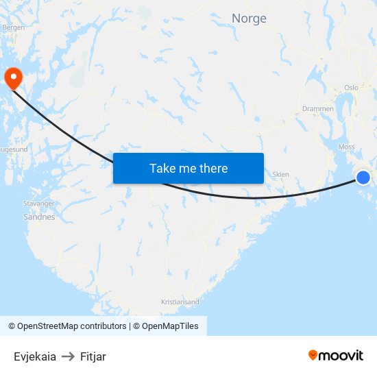 Evjekaia to Fitjar map