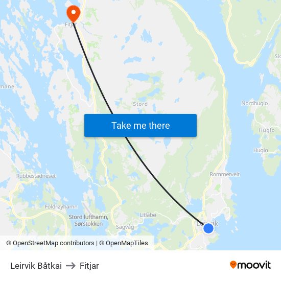 Leirvik Båtkai to Fitjar map