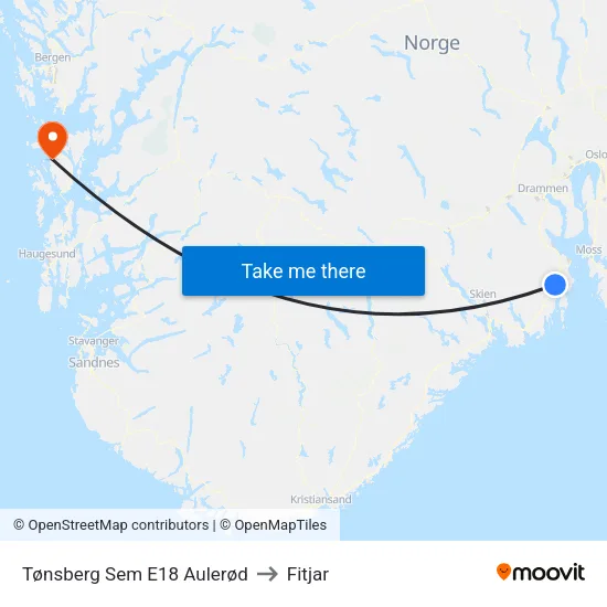 Tønsberg Sem E18 Aulerød to Fitjar map