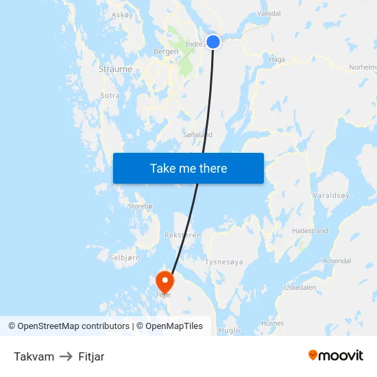 Takvam to Fitjar map