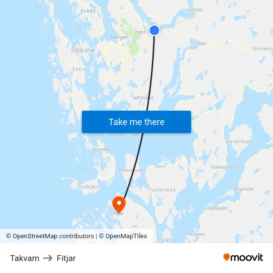 Takvam to Fitjar map