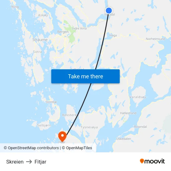 Skreien to Fitjar map