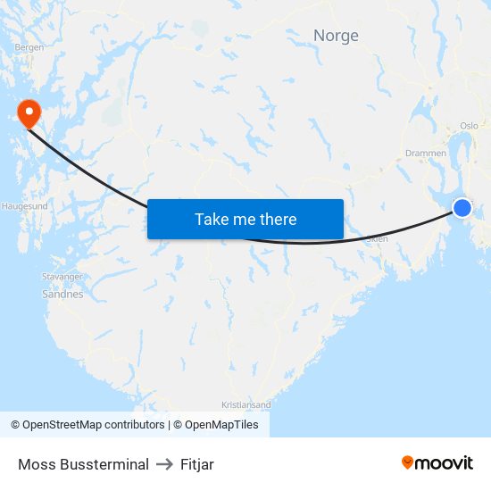 Moss Bussterminal to Fitjar map