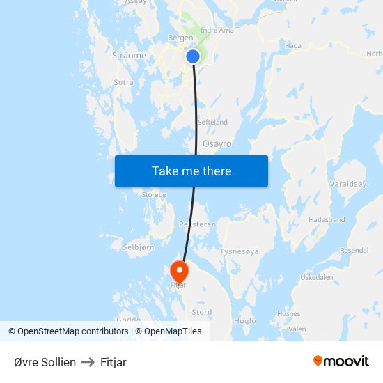 Øvre Sollien to Fitjar map