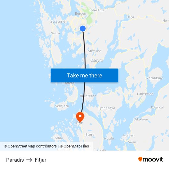 Paradis to Fitjar map