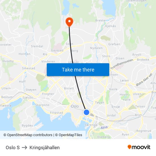 Oslo S to Kringsjåhallen map