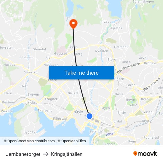 Jernbanetorget to Kringsjåhallen map