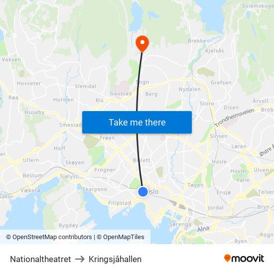 Nationaltheatret to Kringsjåhallen map
