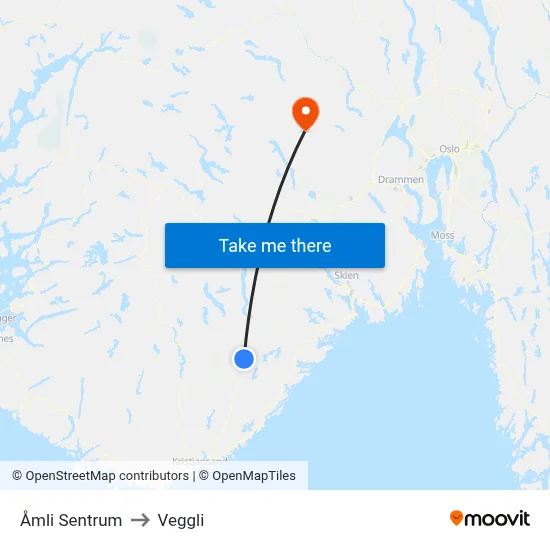Åmli Sentrum to Veggli map