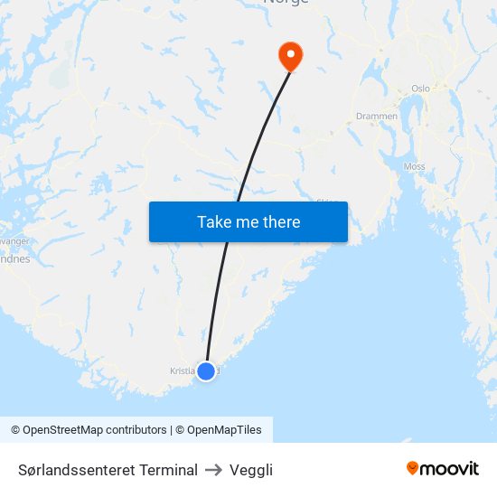 Sørlandssenteret Terminal to Veggli map