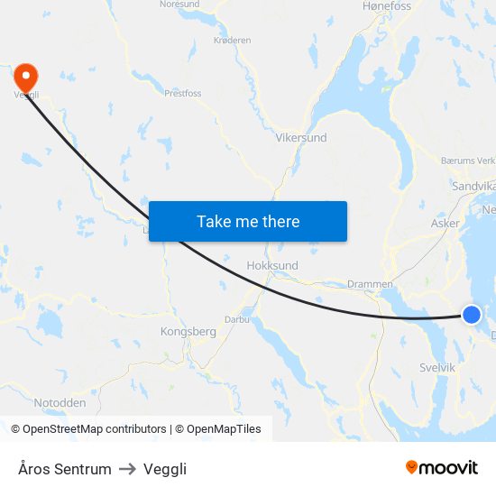 Åros Sentrum to Veggli map