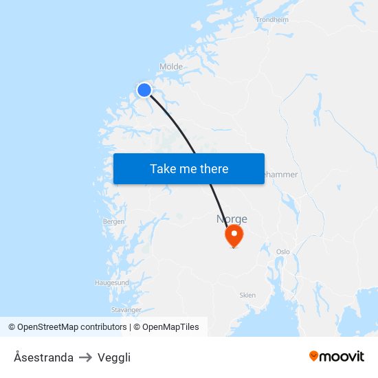 Åsestranda to Veggli map