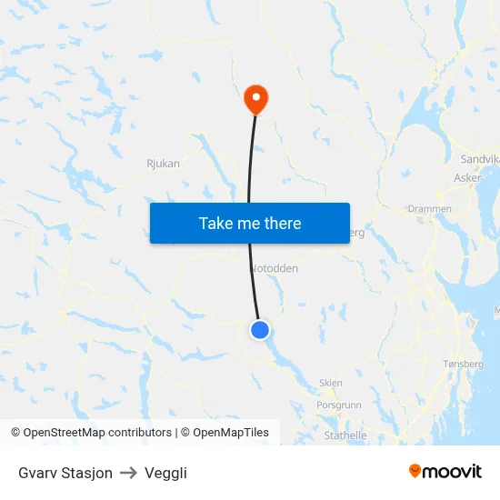 Gvarv Stasjon to Veggli map