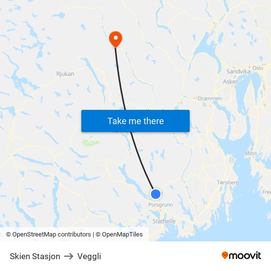 Skien Stasjon to Veggli map