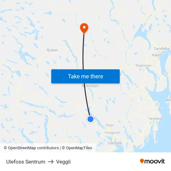 Ulefoss Sentrum to Veggli map