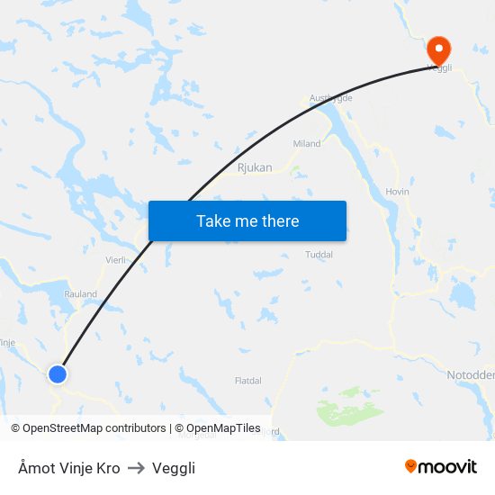 Åmot Vinje Kro to Veggli map