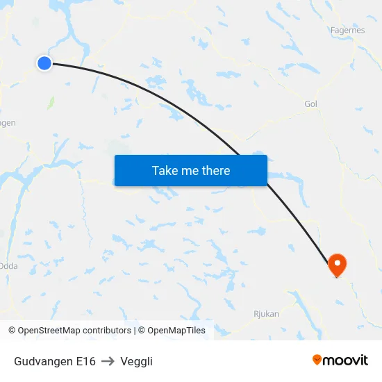 Gudvangen E16 to Veggli map