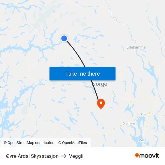 Øvre Årdal Skysstasjon to Veggli map