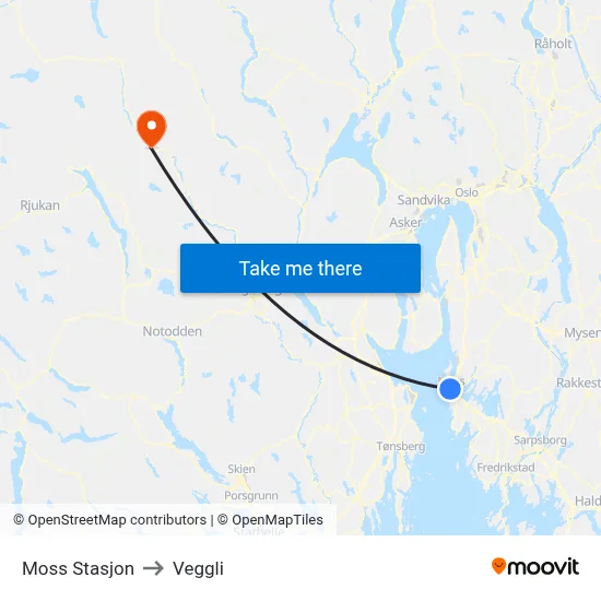 Moss Stasjon to Veggli map