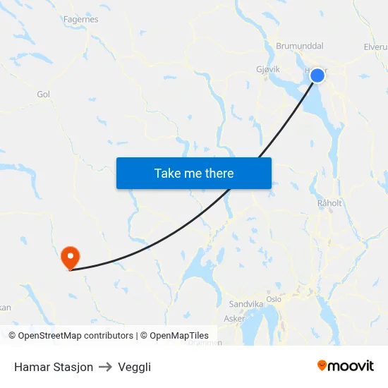 Hamar Stasjon to Veggli map