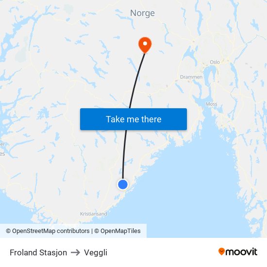 Froland Stasjon to Veggli map