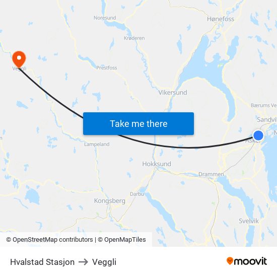 Hvalstad Stasjon to Veggli map