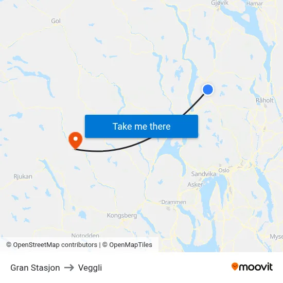 Gran Stasjon to Veggli map