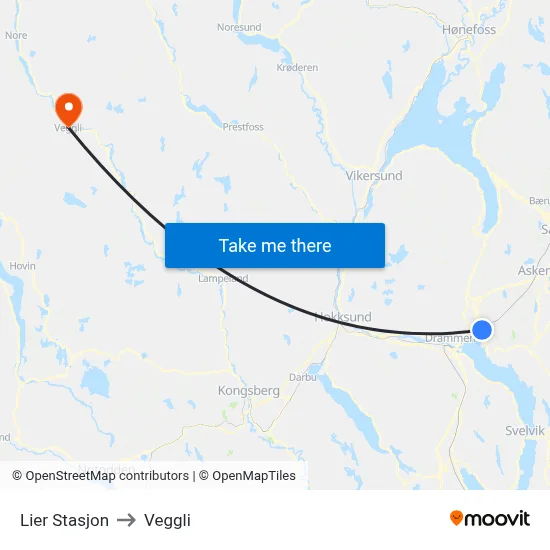 Lier Stasjon to Veggli map
