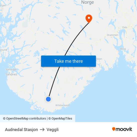 Audnedal Stasjon to Veggli map