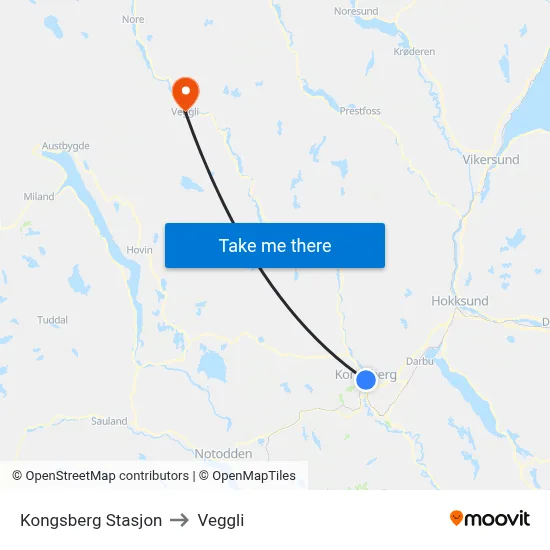 Kongsberg Stasjon to Veggli map