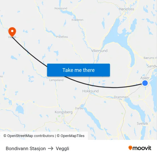 Bondivann Stasjon to Veggli map