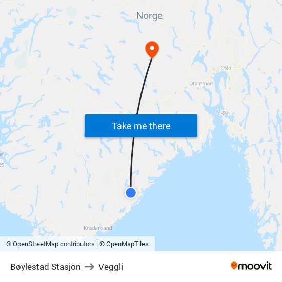 Bøylestad Stasjon to Veggli map